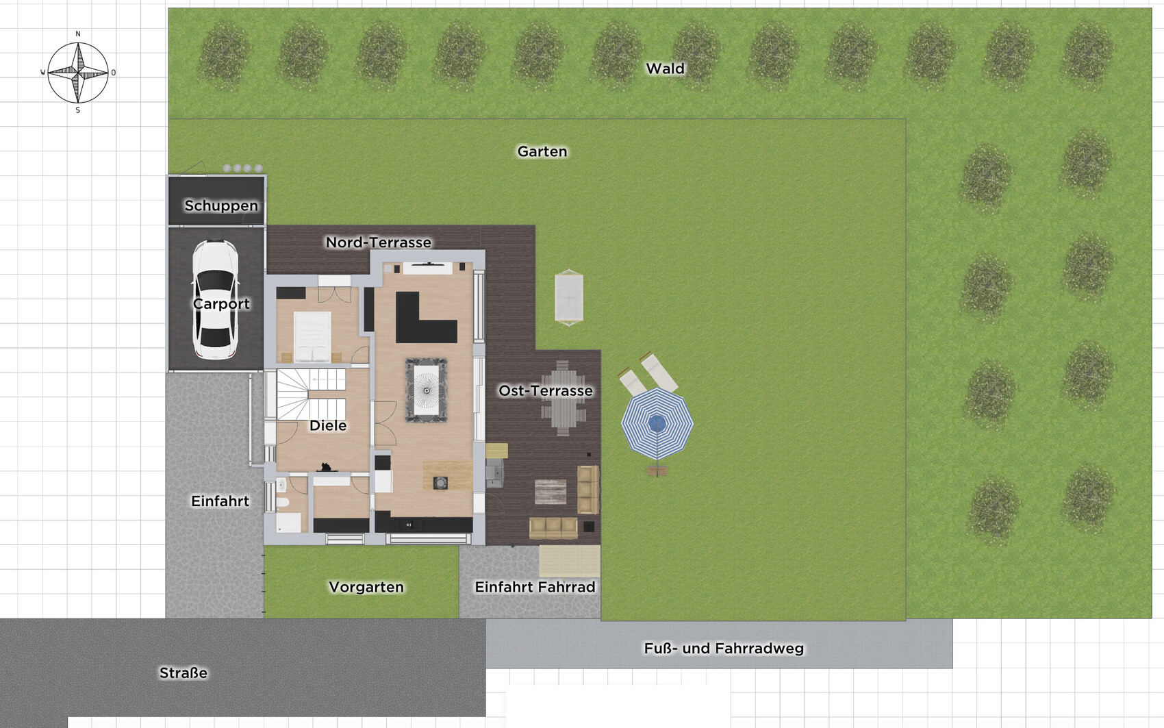 Grundriss eines Hauses mit Garten, Terrassen, Carport und Zufahrt.
