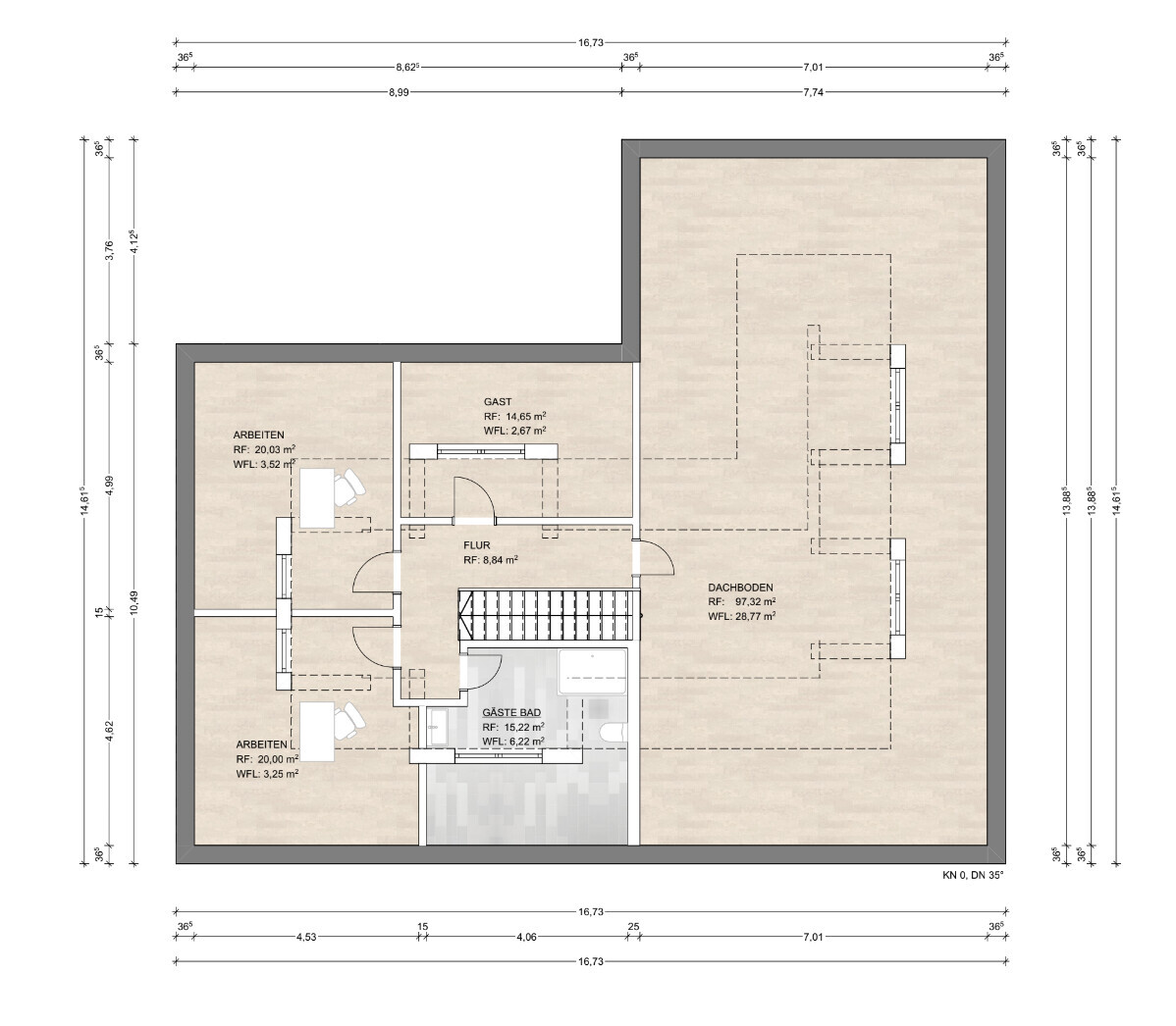 Grundriss Dachgeschoss: Arbeitsräume, Gästezimmer, Flur, Gästebad, Dachboden