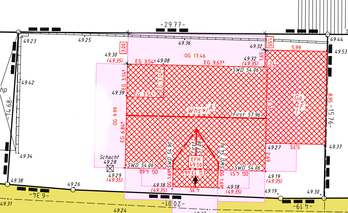 2D-Grundrissplan eines Hauses mit Erdgeschoss und Obergeschoss, Umgebungsgrenzen sichtbar