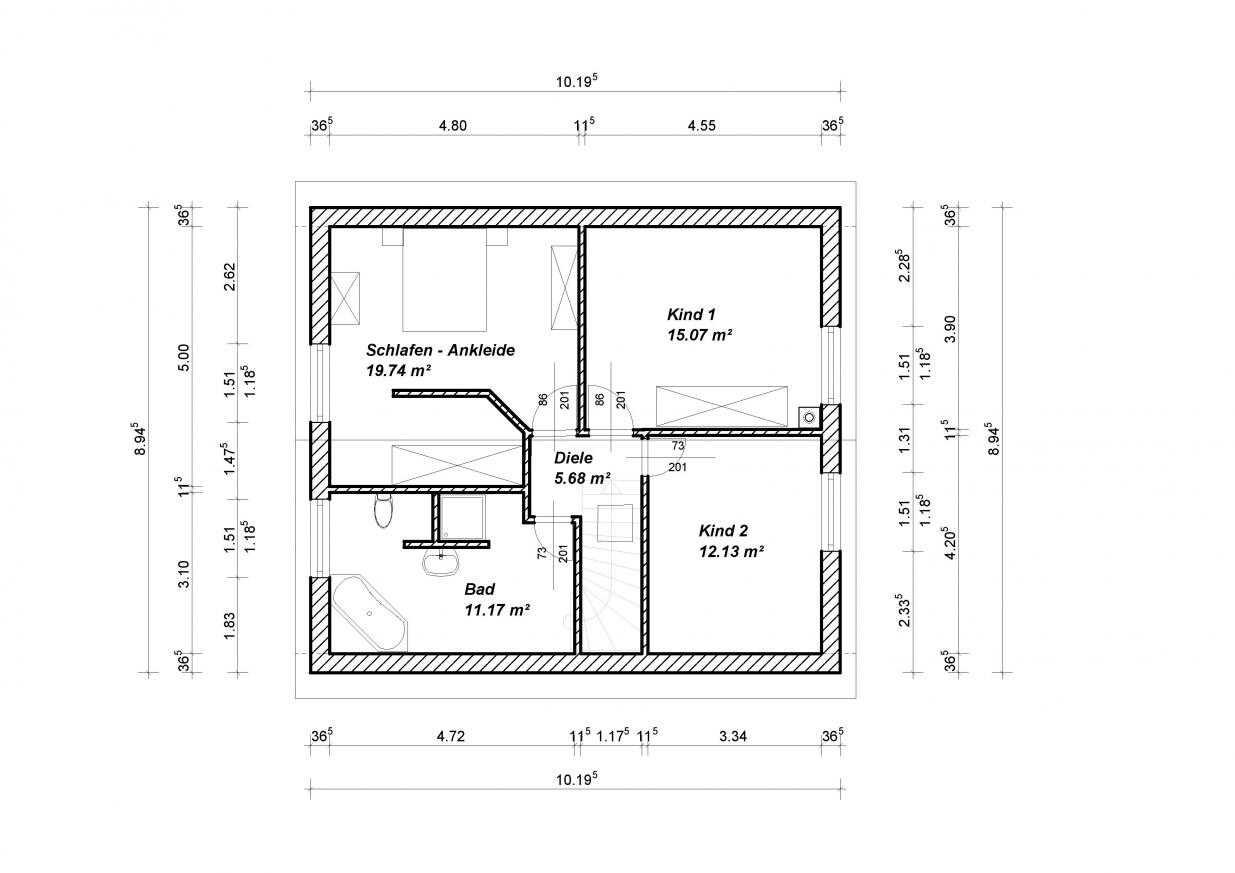 2D-Hausgrundriss mit Schlafzimmer, Kind 1, Kind 2, Bad und Diele