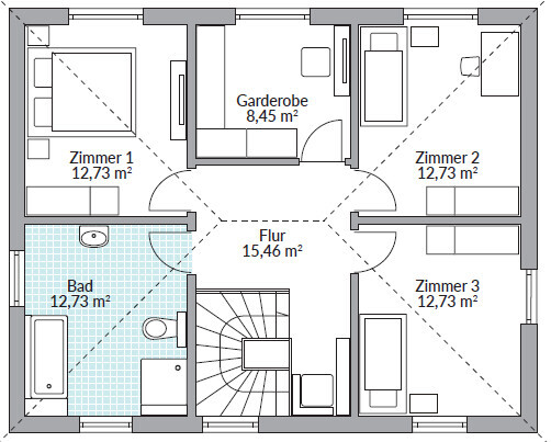 Grundriss einer Etage mit drei Zimmern, Bad, Flur, Garderobe und Treppenhaus.