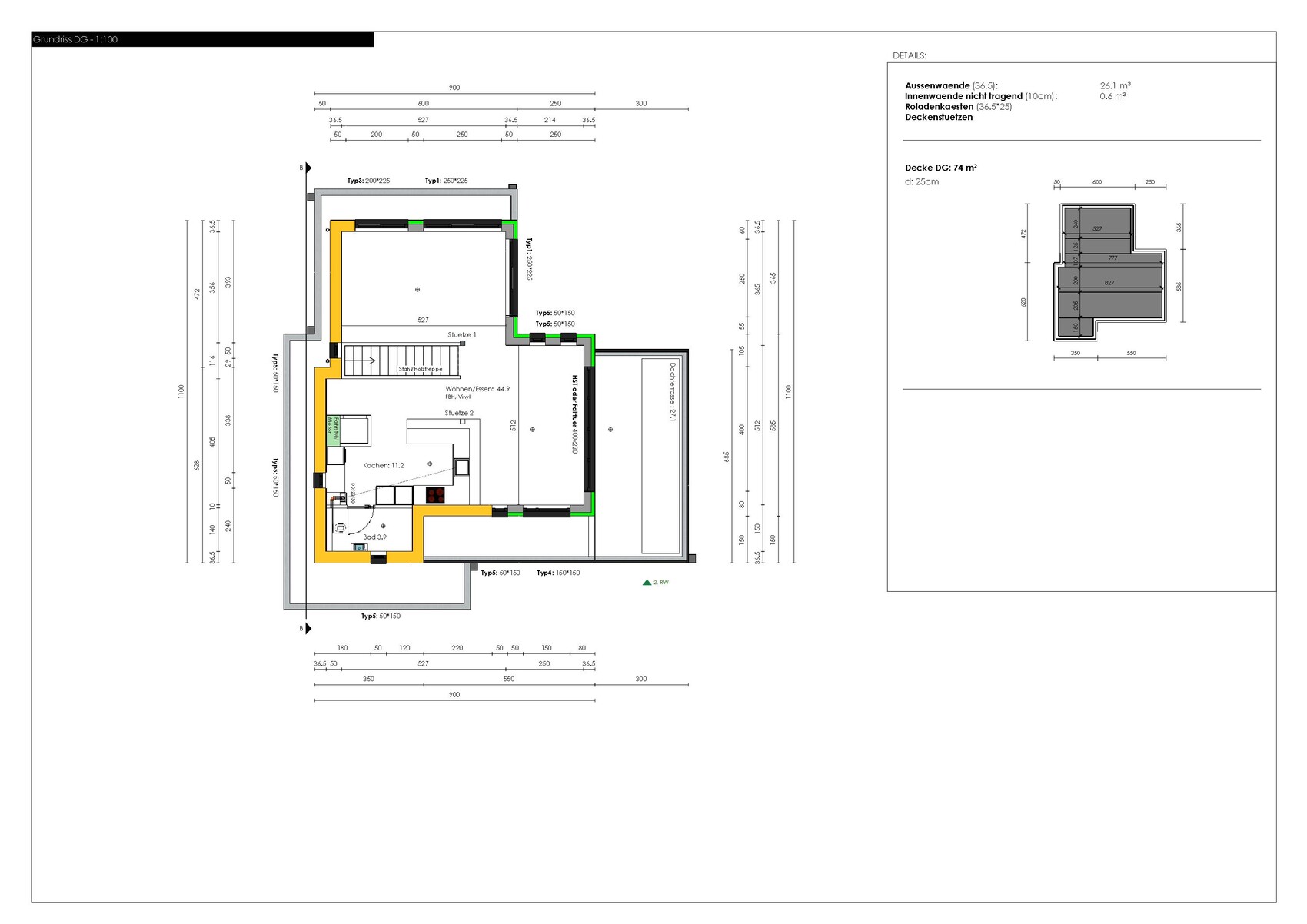 2D-Grundriss eines Hauses mit Küche, Wohnzimmer und Treppen, Maßenangaben sichtbar