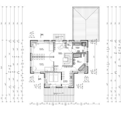 2D-Grundriss eines Hauses mit Zimmern, Treppenhaus und Maßen