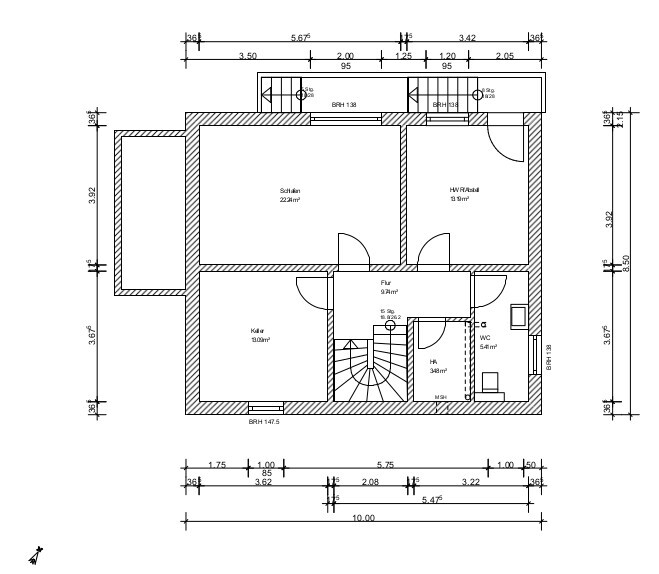Technischer Grundriss eines Hauses mit Schlafraum, Flur, Küche, WC, Heizungsraum und Treppenhaus.