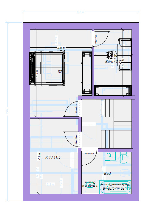 2D Grundriss eines Wohnhauses mit Schlafzimmer, Büro und Bad zeigt Innenraumaufteilung