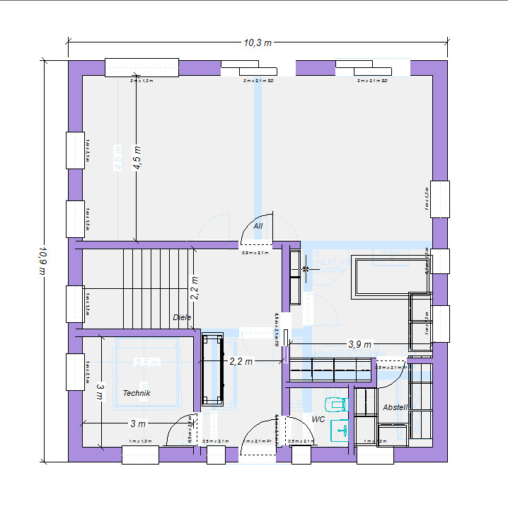 Grundriss eines Gebaeudes mit Innenaufteilung, Treppenhaus, Diele, Technik, WC und Abstellraum