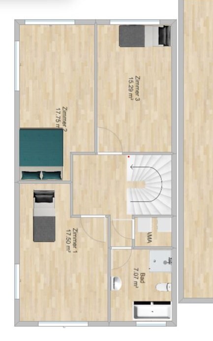 Grundriss einer Wohnung mit drei Zimmern, Bad und Treppe in der Mitte; Möbel sichtbar.