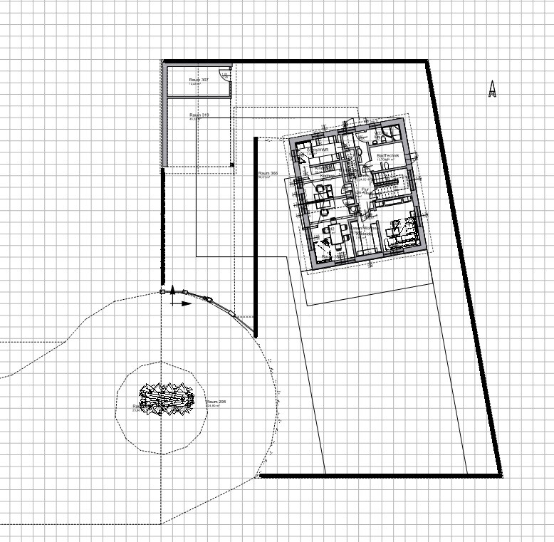 Architekturplan: Grundriss eines Gebäudekomplexes mit Innenräumen, Außenrand und Garten.