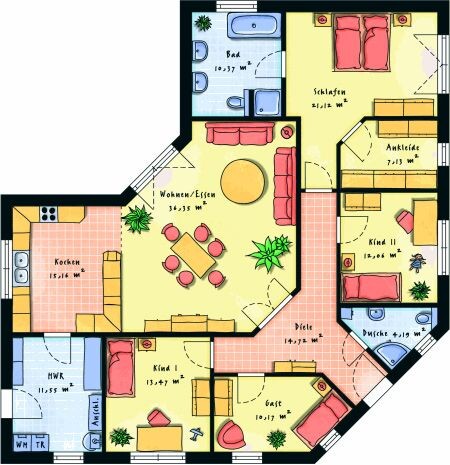 Grundriss eines Hauses mit Wohnzimmer, Küche, Bad und Schlafzimmer