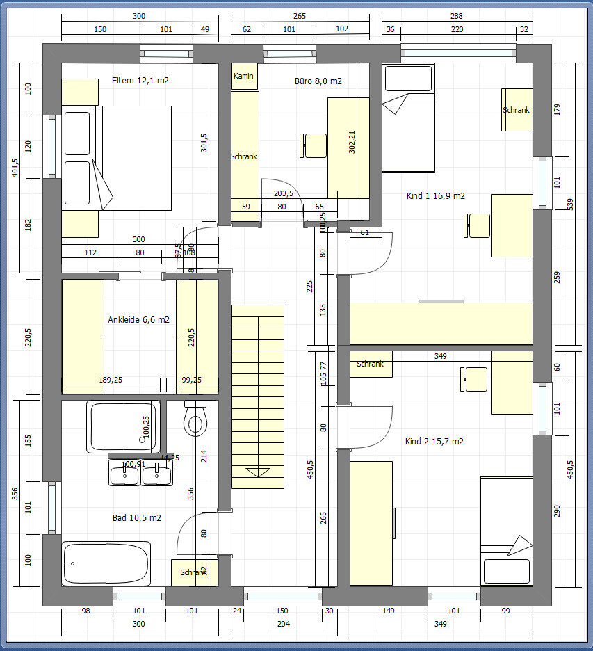 Grundriss einer Etage mit Elternschlafzimmer, zwei Kinderzimmern, Büro, Ankleide, Bad, Flur und Treppe.