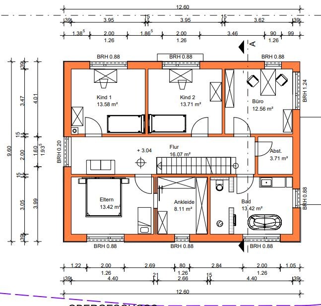 Grundriss eines Wohnhauses mit Eltern- und zwei Kinderzimmern, Büro, Flur, Bad, Ankleide