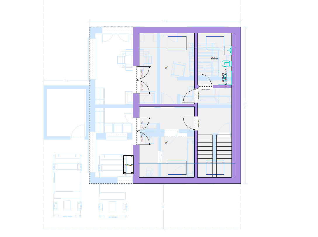 Architektonischer Grundriss eines Hauses mit mehreren Räumen, Treppe und Haustechnik