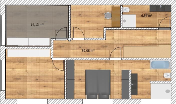 Grundriss einer Wohnung: Schlafzimmer mit Doppelbett, Küche, Badewanne, Flur und Holzboden.