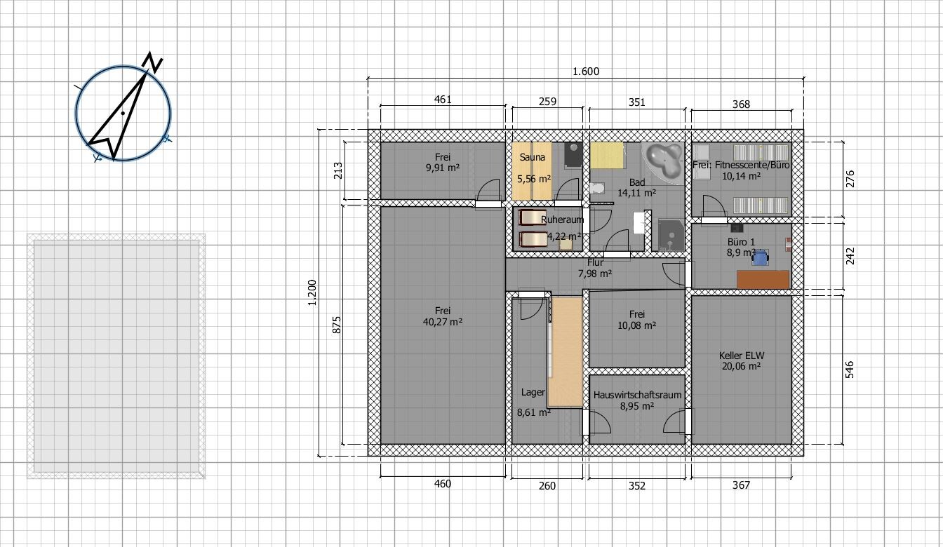 Grundrissplan eines Einfamilienhauses mit Zimmern, Fluren und Technikräumen