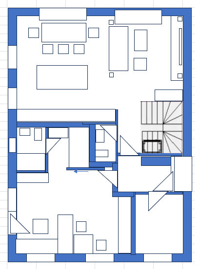 2D Grundriss eines Hauses mit Treppenhaus, Innenwänden und Raumaufteilung