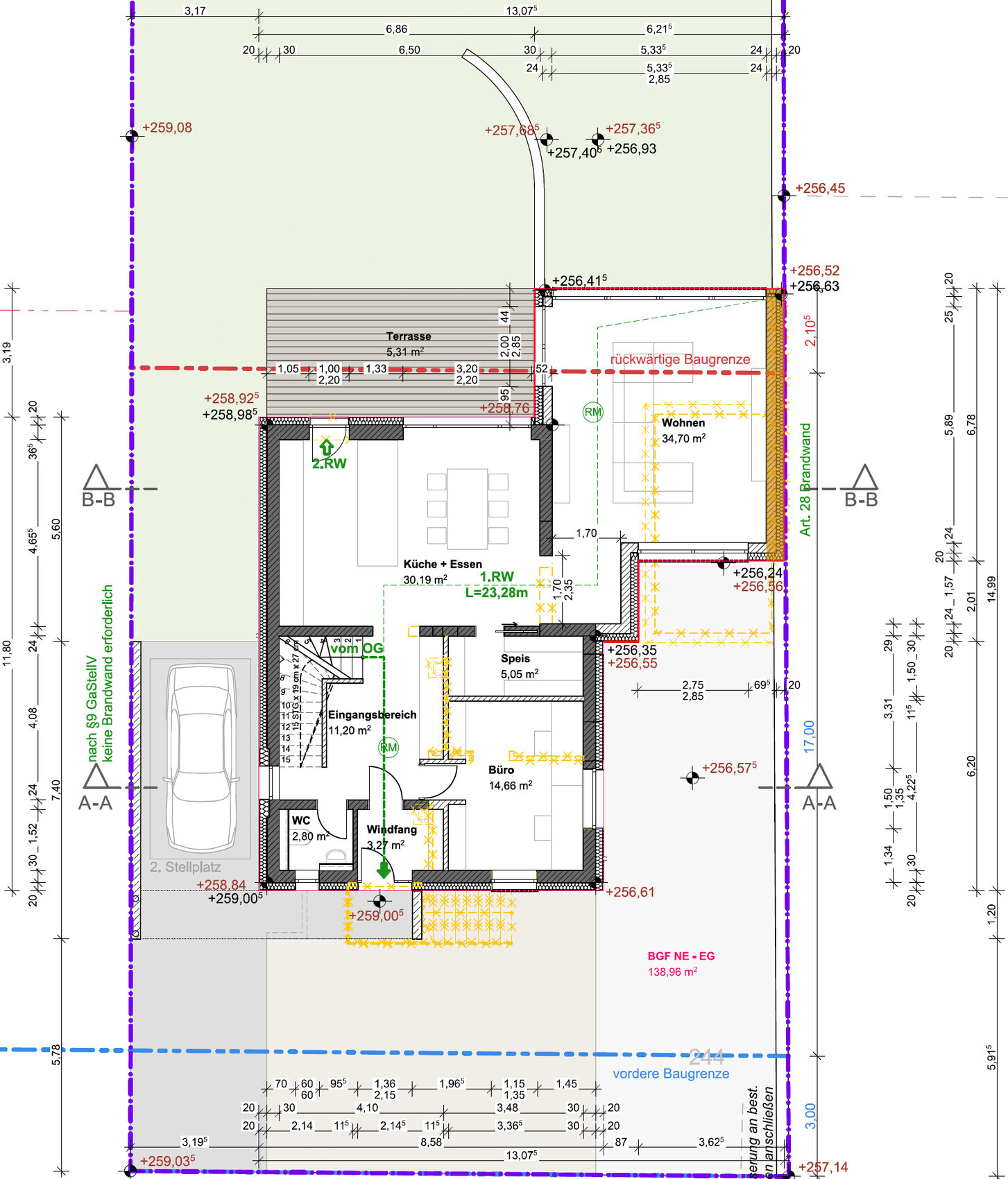 Grundriss eines Hauses mit Terrasse, Küche + Essen, Speis, Wohnen, Büro und Eingangsbereich.