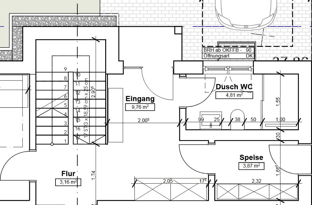 2D Grundrissplan eines Hauses mit Eingangsbereich, Flur und Dusch-WC.