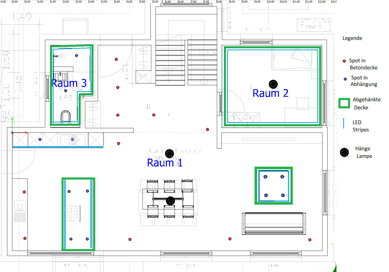 Grundrissplan eines Hauses mit drei Räumen, Treppen, Legende, Türen und Fenstern.