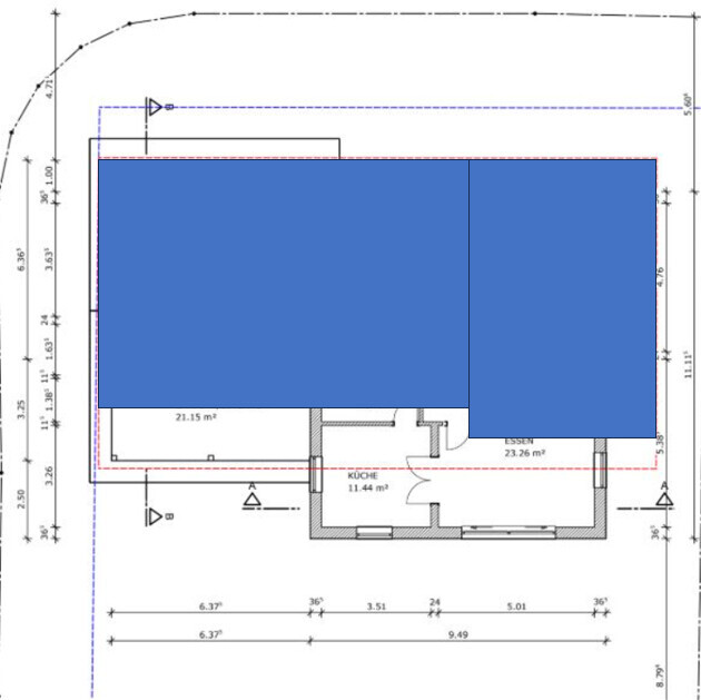 2D Grundriss eines Hauses mit Küche und Essbereich, blaue Überlagerung markiert Räume