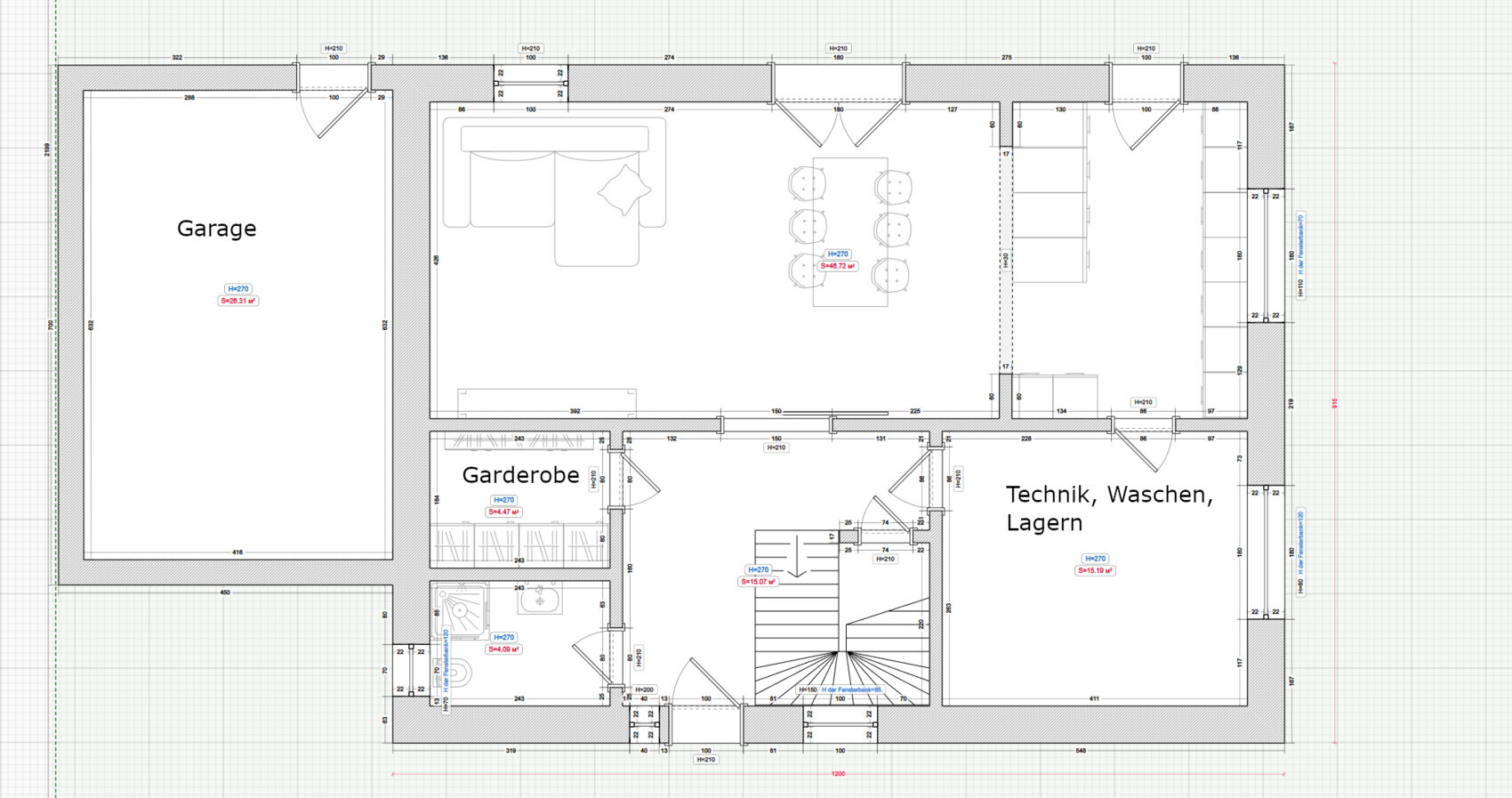 2D Grundriss eines Hauses mit Garage, Wohnzimmer, Küche und Technikraum