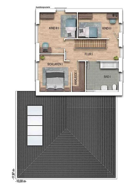 2D Grundriss eines Hauses mit Schlafzimmern, Kinderzimmern, Flur, Ankleide und Bad