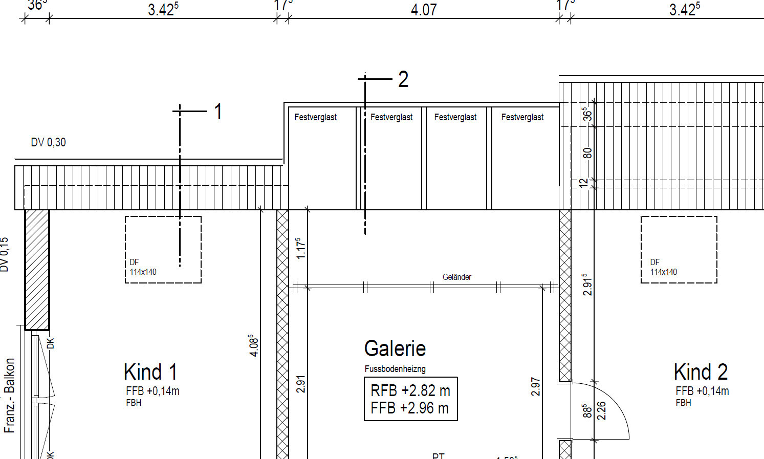 Grundrissplan eines Hauses mit Kind 1, Galerie und Kind 2