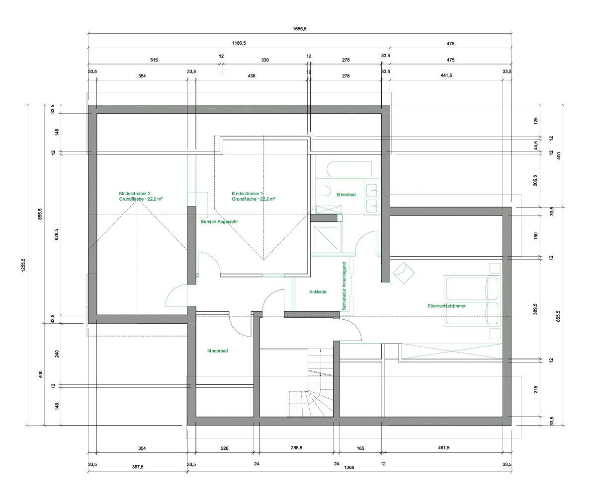 Grundriss des Obergeschosses: Elternzimmer, zwei Kinderzimmer, Ankleide und Bad.