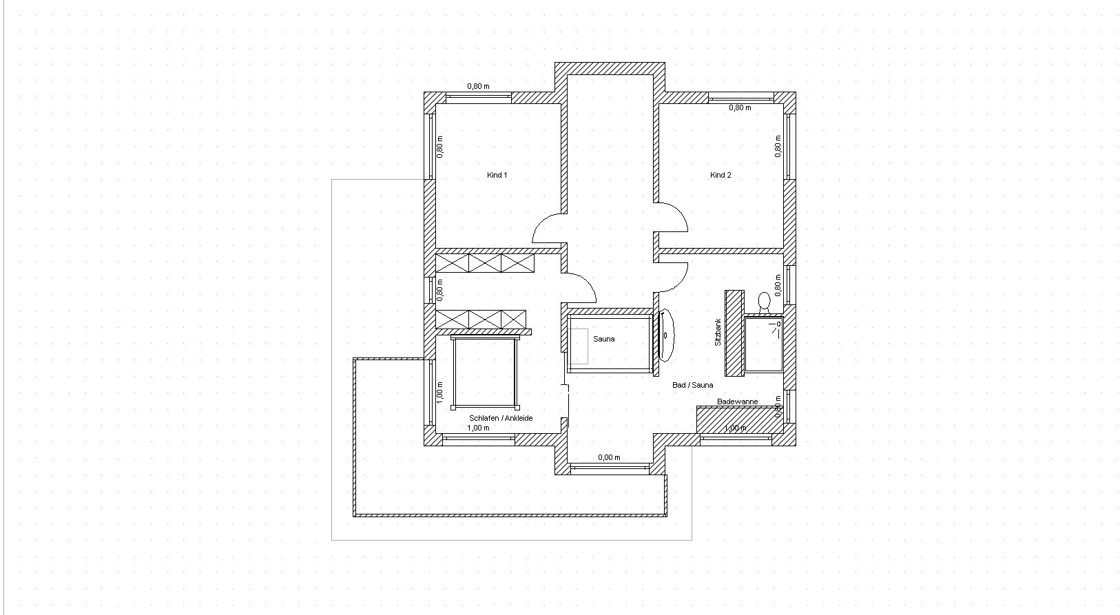 Grundriss eines Hauses mit zwei Kinderzimmern, Schlafzimmer, Sauna und Bad.