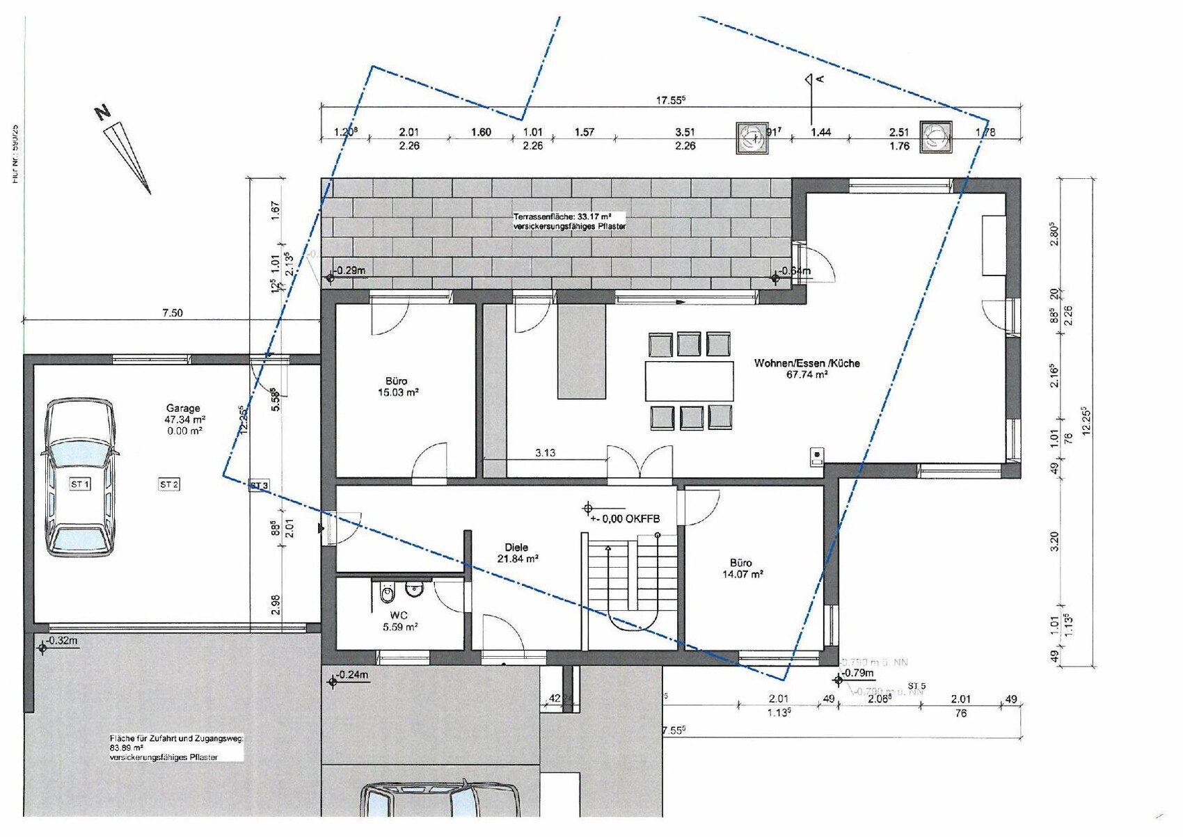 Architekturgrundriss: Haus mit Garage, zwei Büros, Diele, WC, Wohnen/Essen/Küche und Terrasse.