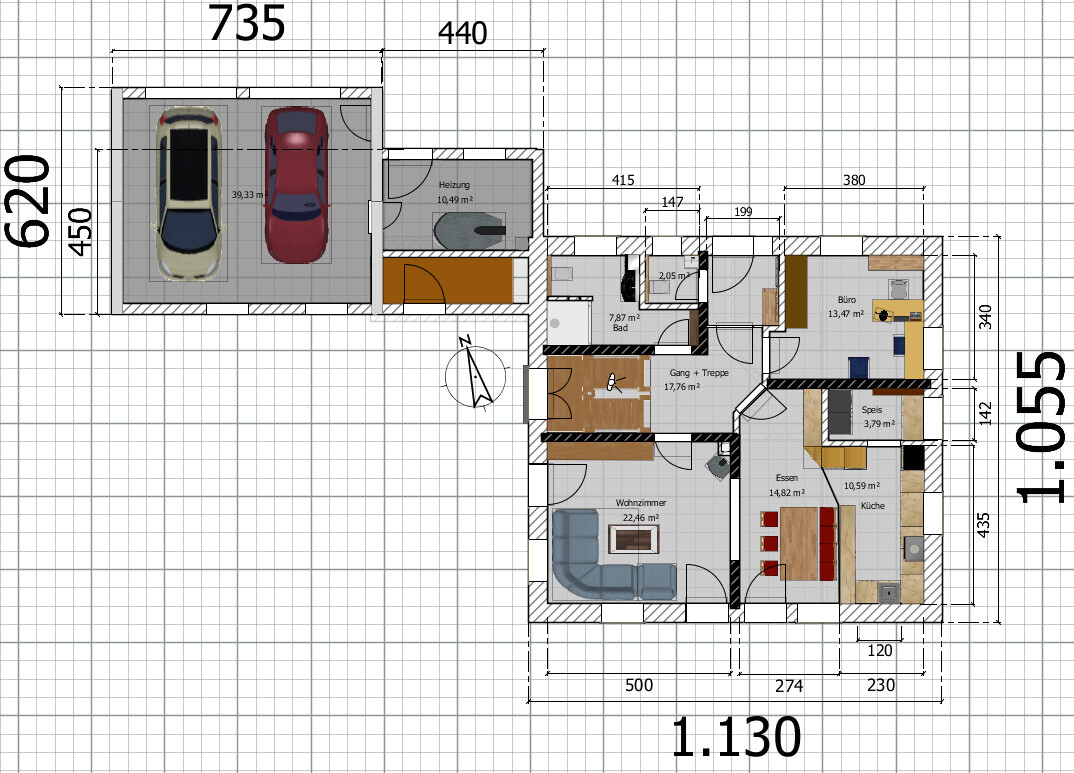 Detaillierter Grundrissplan eines Hauses mit Garage, Wohnzimmer, Küche und Essbereich.