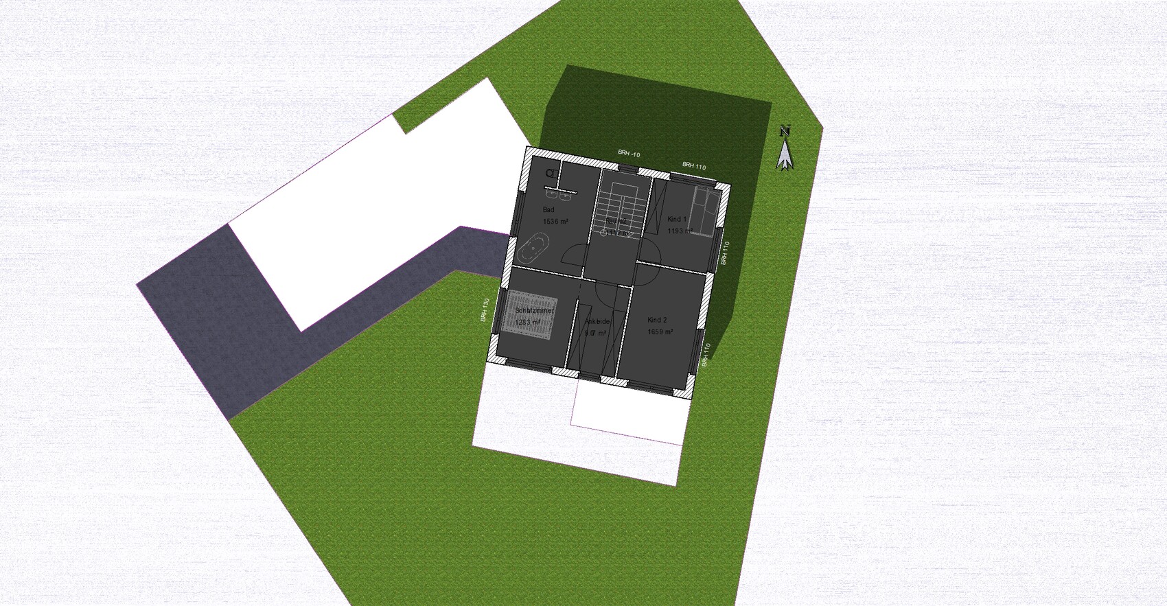 Grundriss eines Hauses mit Bad, Schlafzimmer, Ankleide, Kind 1 und Kind 2 auf grünem Grundstück.