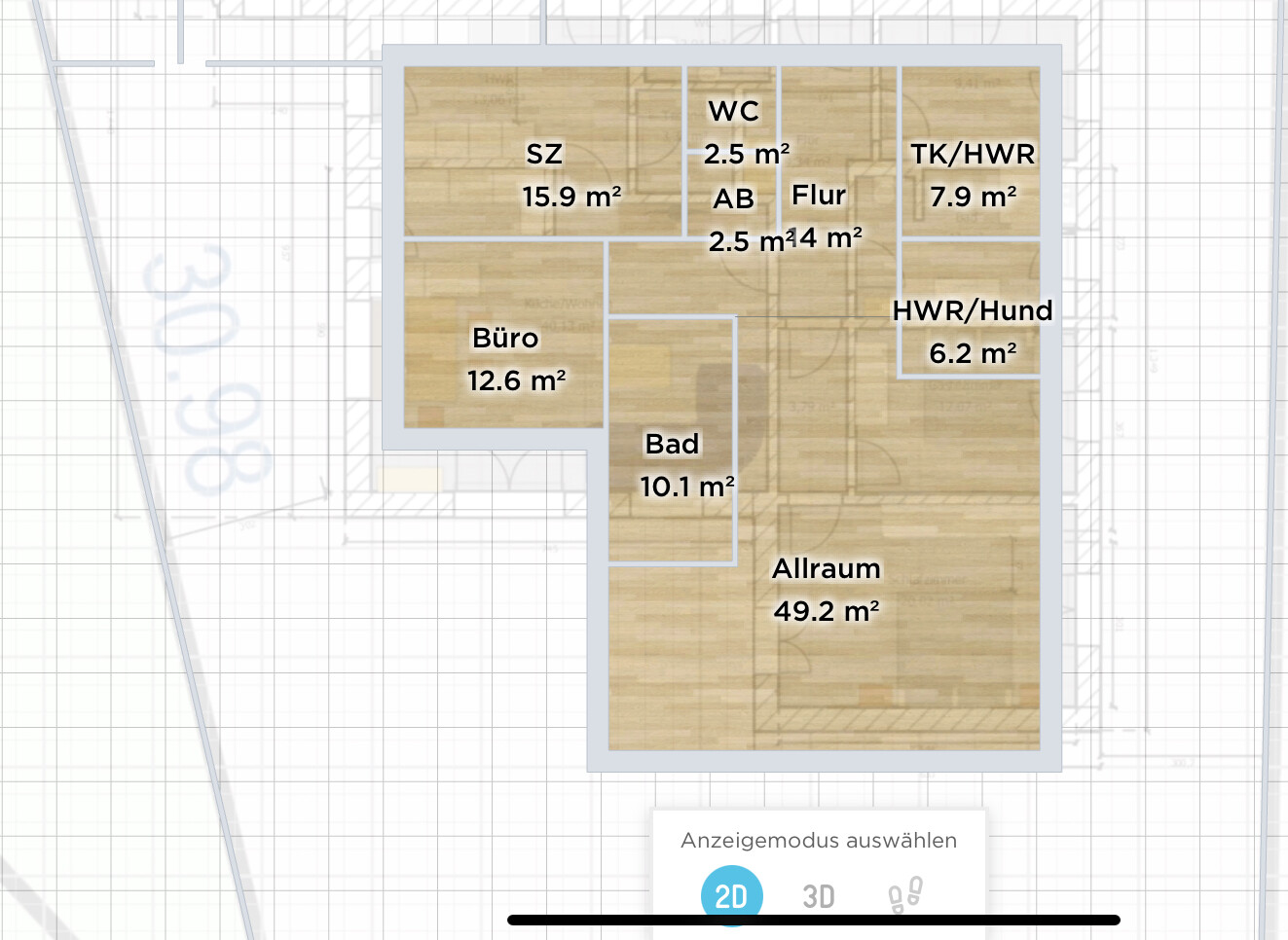 Grundriss einer Wohnung: Allraum, SZ, Büro, Bad, Flur, WC, HWR/Hund, TK/HWR, Abstellraum.