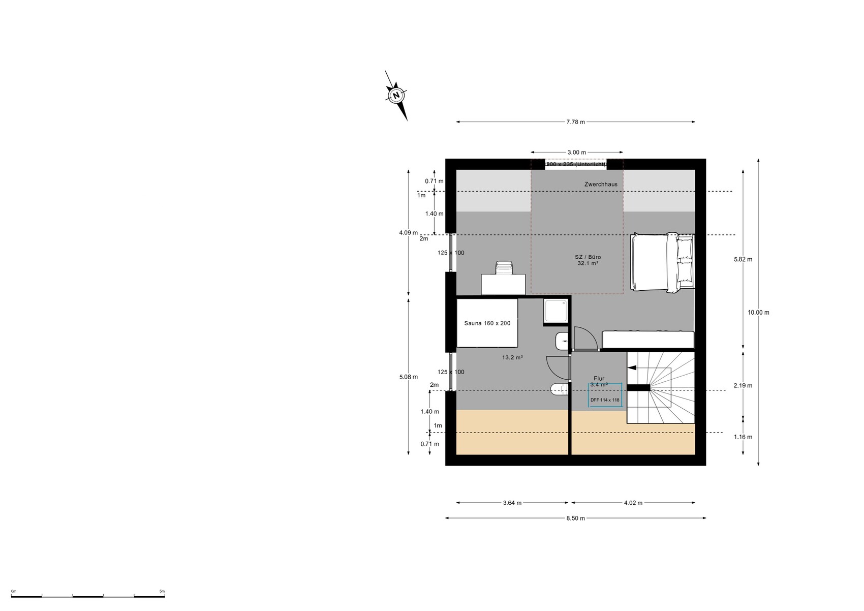 Grundriss eines Hauses mit Sauna, Büro, Flur und Treppe, Maße markiert.