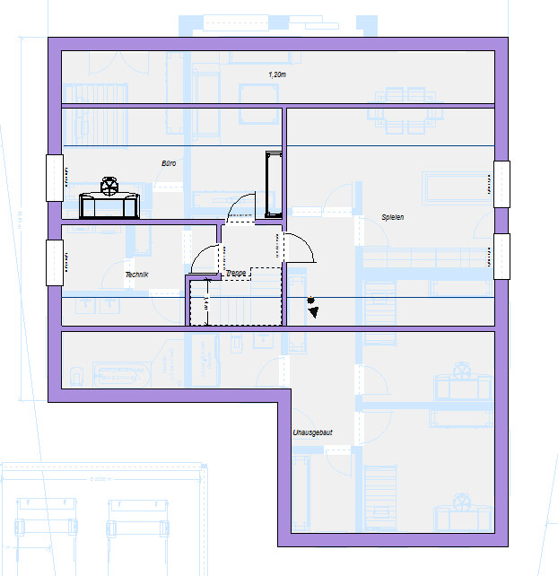 Grundriss eines Gebäudes mit Büro, Technik, Treppe und Spielbereich; violette Außenwand.