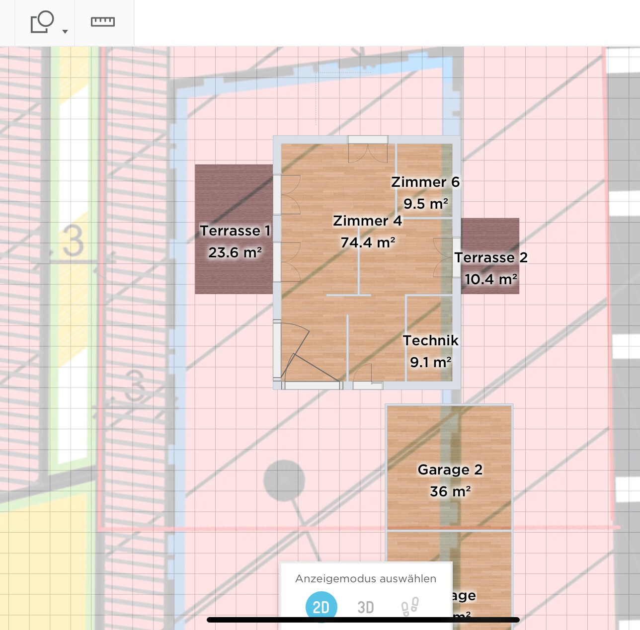 Grundriss eines Hauses mit Zimmer 4, Zimmer 6, Terrasse 1, Terrasse 2, Technik und Garage 2.