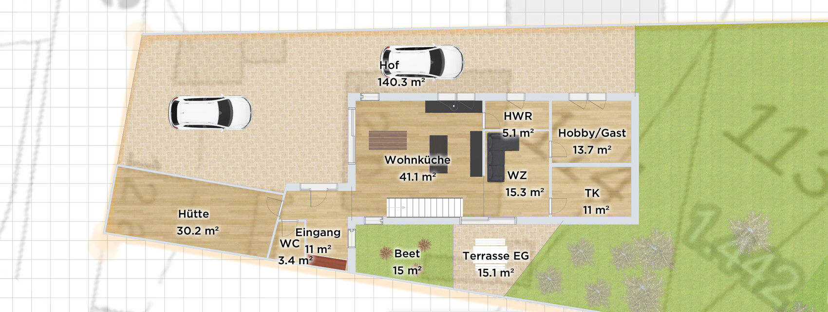 Grundrissplan eines Hauses mit Wohnküche, Hütte, Terrasse und Garten.