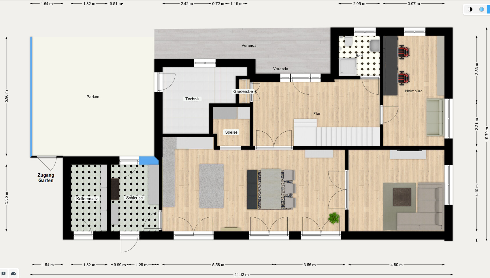 Detaillierter Grundriss eines Hauses mit Veranda, Eingang, Küche, Wohnzimmer und Buero.