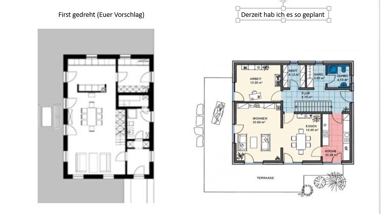 Zwei Grundrisspläne eines Hauses, linke Innenaufteilung, rechte Wohnbereich mit Terrasse