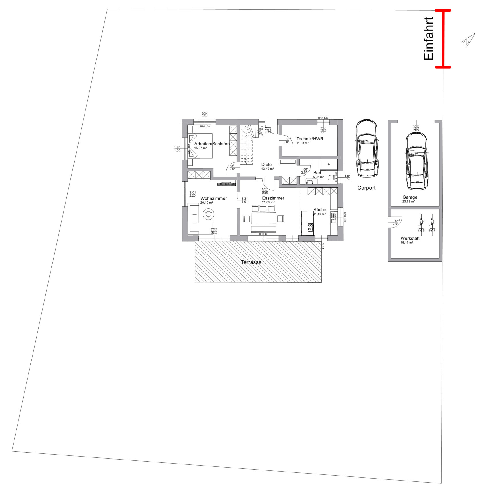 Grundriss eines Hauses mit Terrasse, Carport, Garage; Wohnzimmer, Esszimmer, Küche, Diele, Bad.