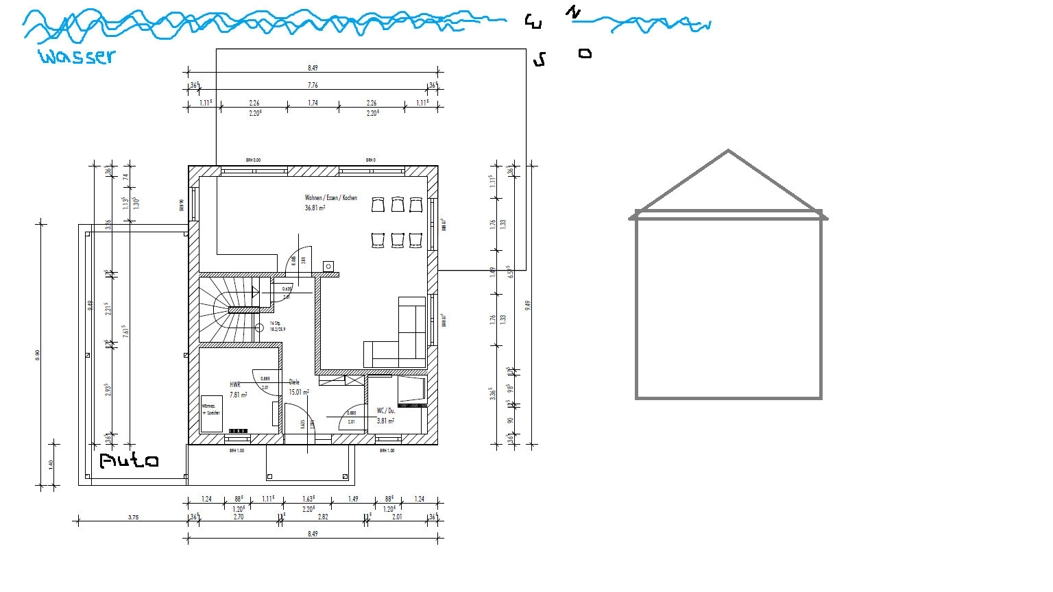 Grundriss eines Hauses: Wohnraum, Küche, Flur, Treppenhaus, Bad, HWR, Garage, Maßlinien.
