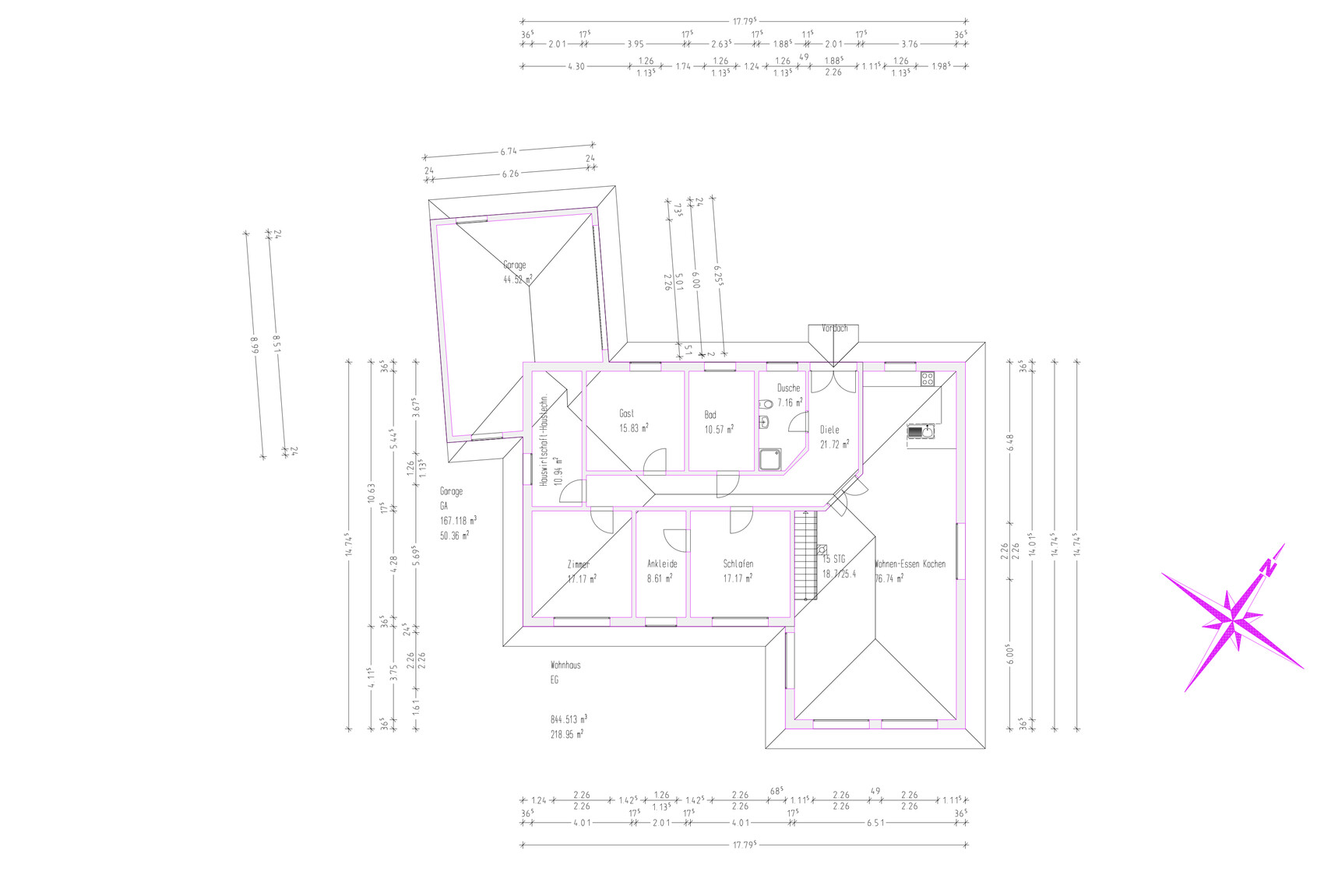 Architekten-Grundriss eines Einfamilienhauses (EG) mit Zimmern, Türen, Maßen, pinken Wänden.