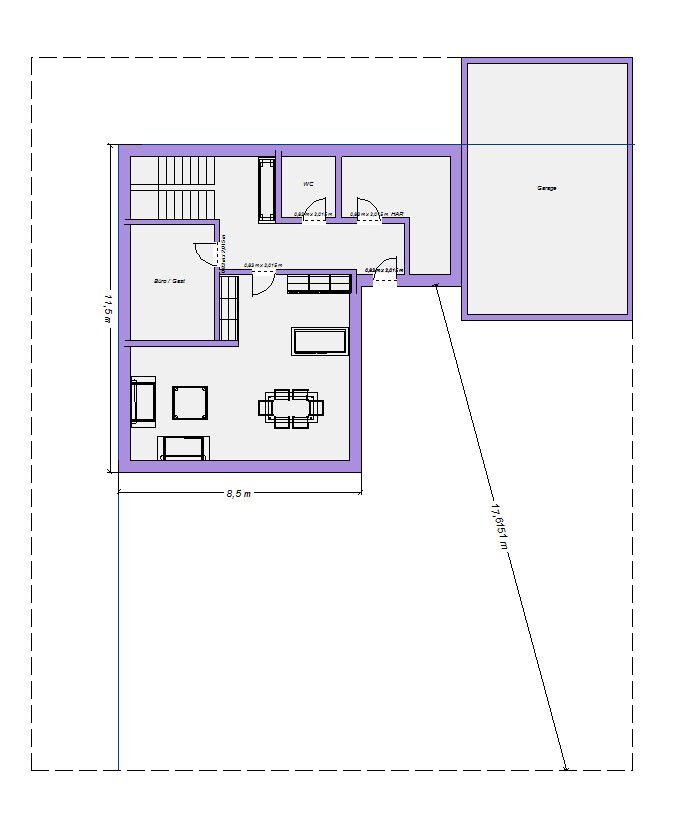 Grundriss eines Hauses: Wohnzimmer mit Esstisch und Sofa, Küche, Bad, WC und Garage.