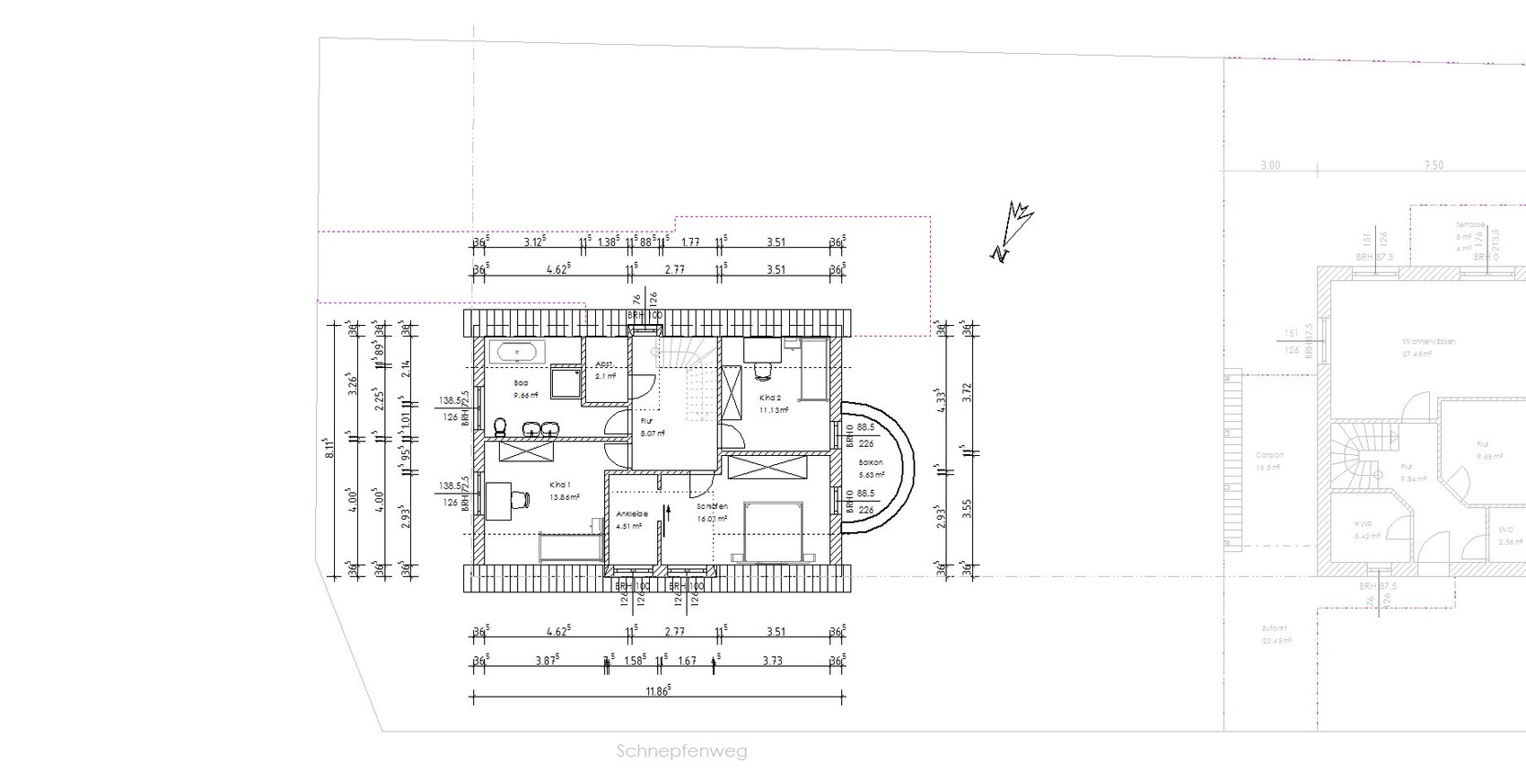 Grundriss eines Wohnhauses mit Schlafzimmer, Bad, Ankleide, Flur, Balkon und Wohn-/Essbereich