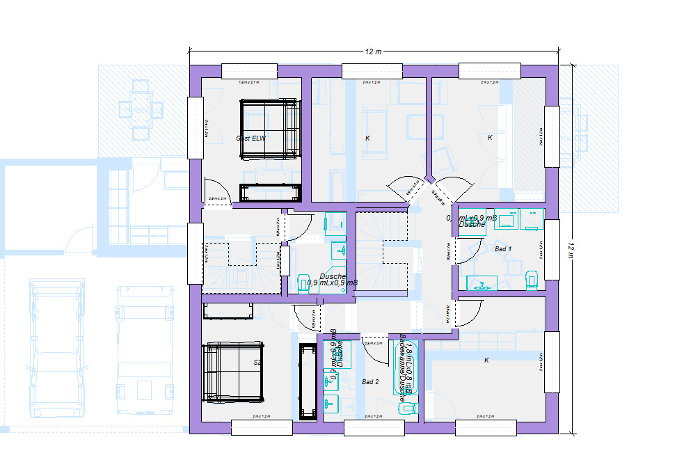 2D-Grundriss eines Wohnhauses mit Zimmern, Treppen und Garage