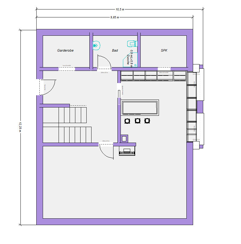 2D Grundriss eines Hauses mit Bad Garderobe Treppen und Küchenbereich
