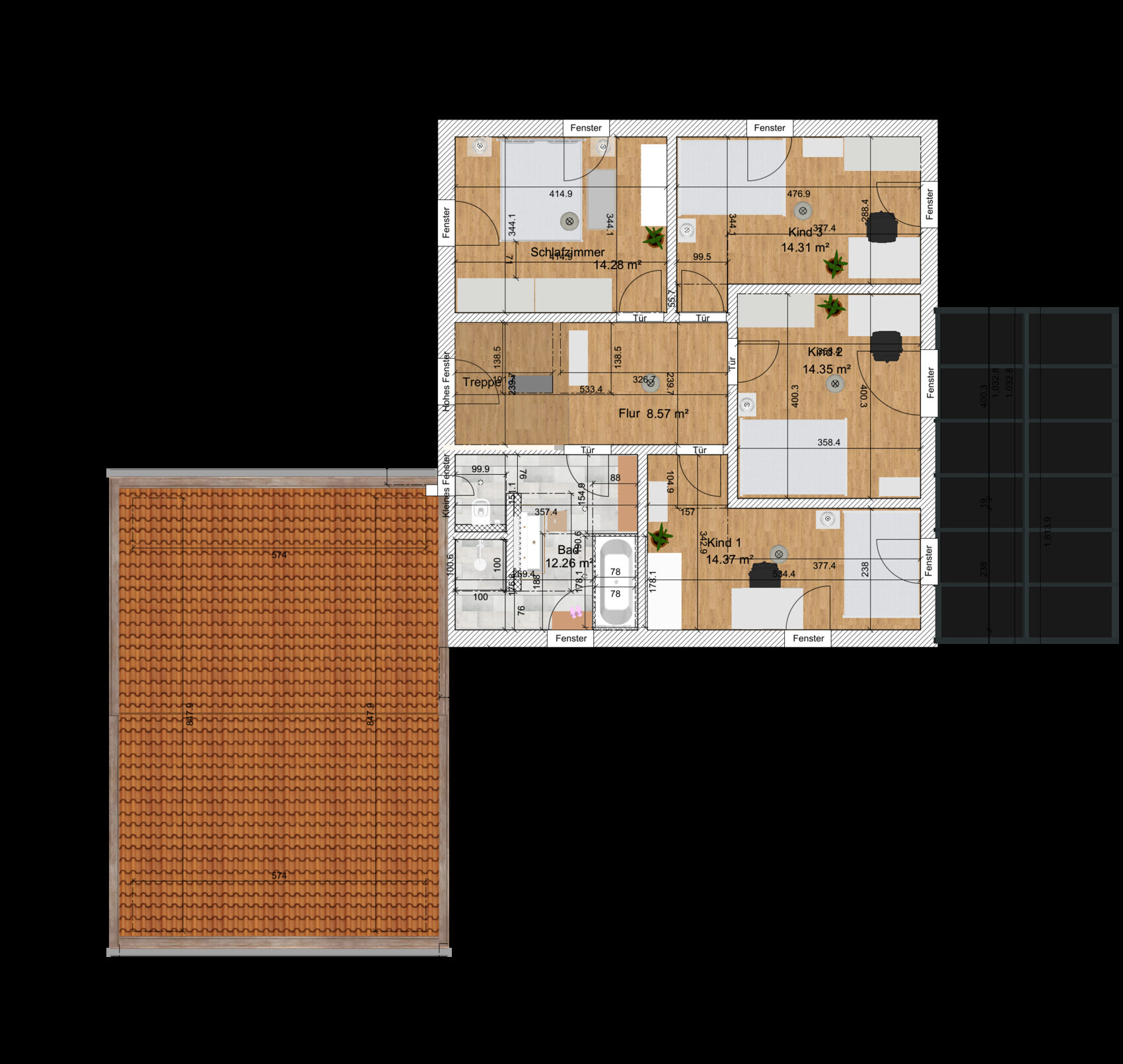 Grundriss eines Hauses: Schlafzimmer, Bad, Flur, Treppe und zwei Kinderzimmer.