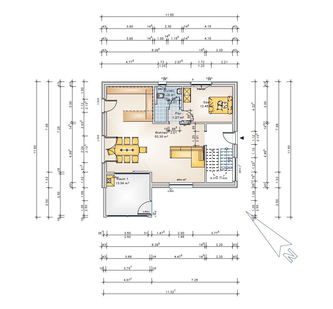 Grundriss: Wohnzimmer, Essecke, Küche, Bad, Schlafzimmer, Flur, Treppe, Nordpfeil.