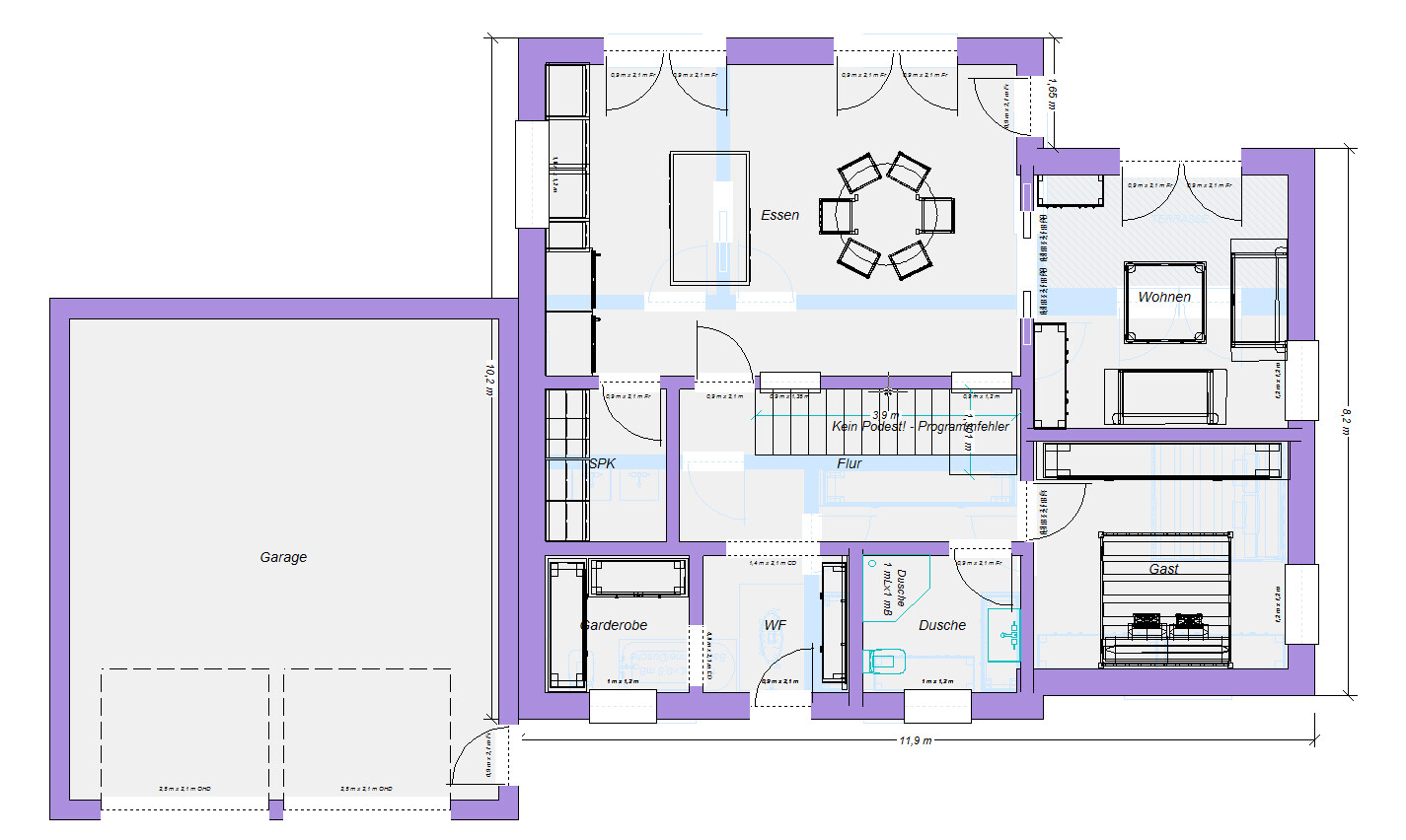 Grundriss: Garage links, Wohnen/Essen zentral, Küche, Flur, Gästezimmer, Dusche, Garderobe.
