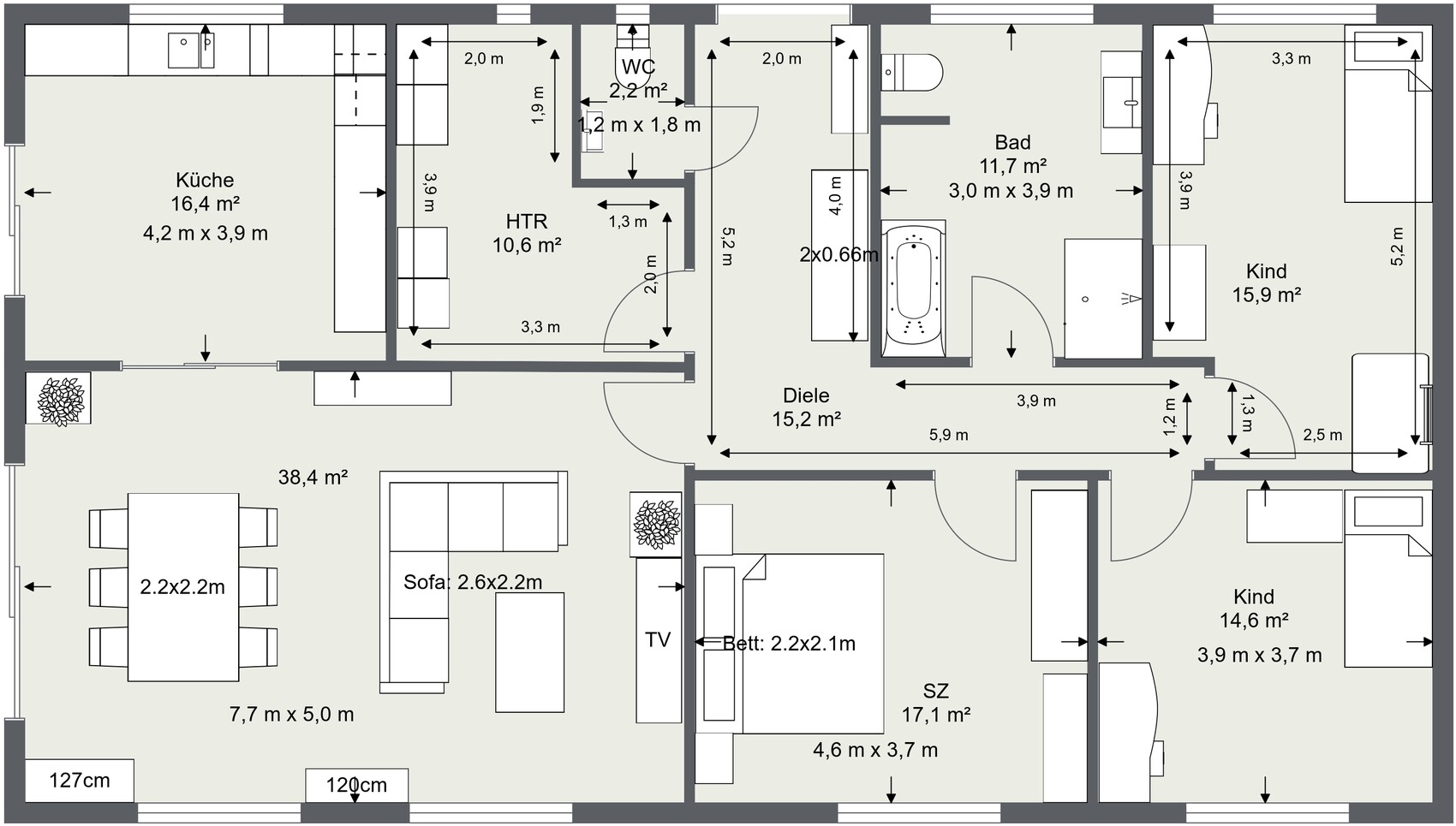 Grundriss eines Hauses: Küche, Wohnzimmer/Essbereich, Diele, Bad, WC, 2 Kinderzimmer, Schlafzimmer.