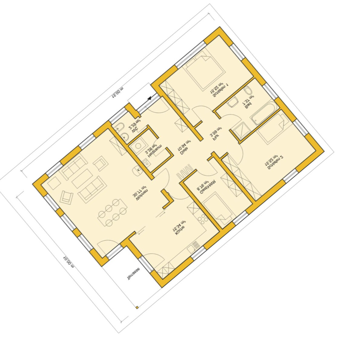 Grundriss eines Apartments mit Wohnzimmer, Küche, Bad, Flur und Schlafzimmer; gelb markierte Wände.